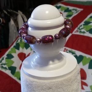 AVAILABLE- Bracelet w/ pearl & barrol shaped gold flecked beads and toggle clasp